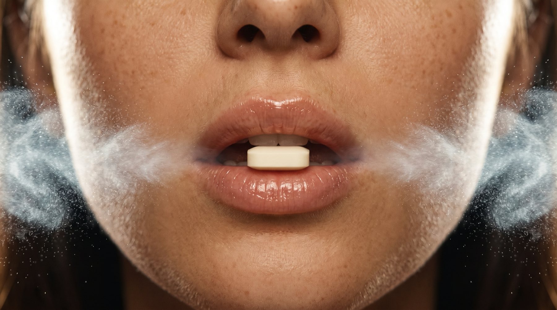 Close-up of a woman holding an Âire mint with a breath of cool, fresh air