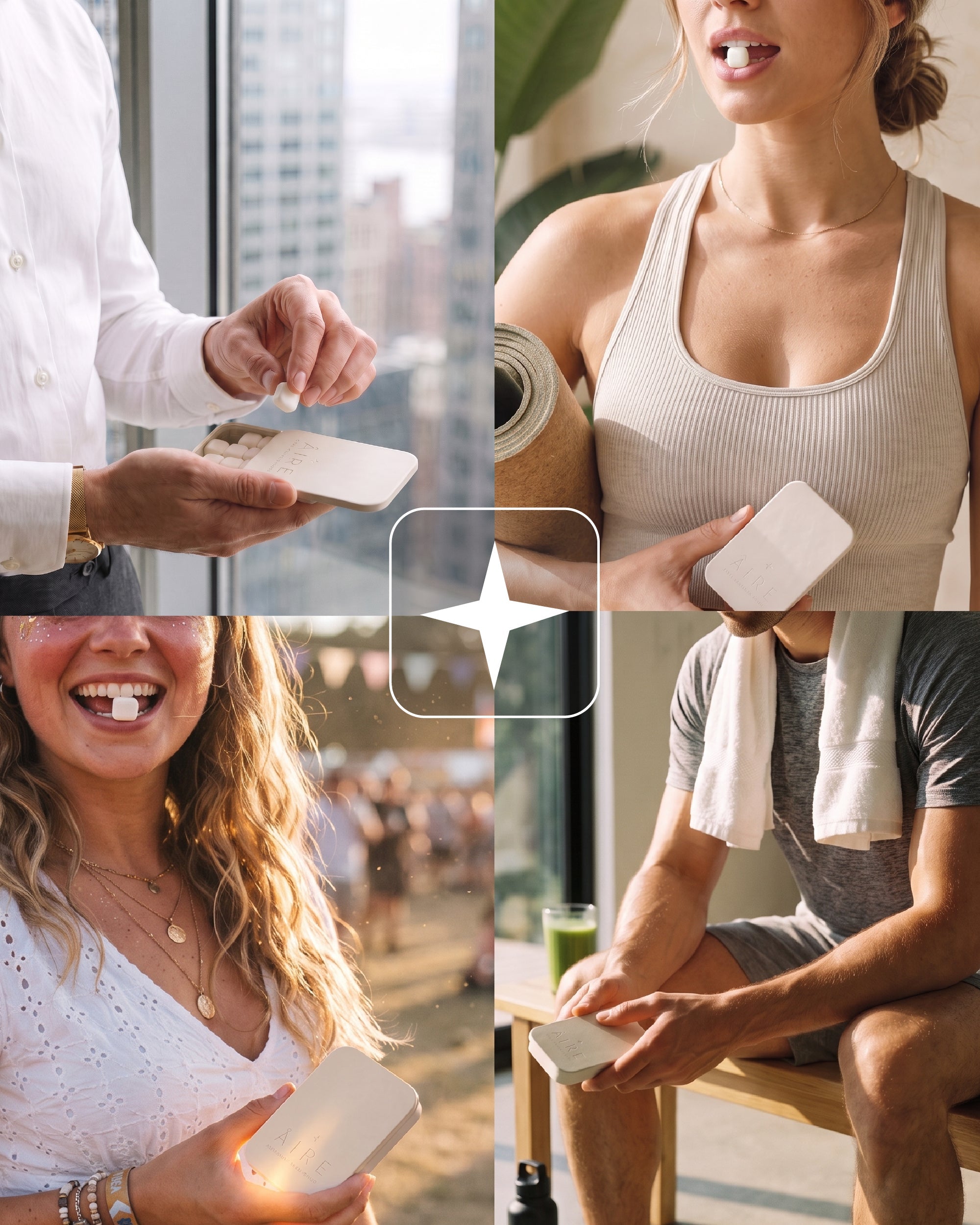 Âire mints lifestyle collage: office, yoga, festival and gym moments